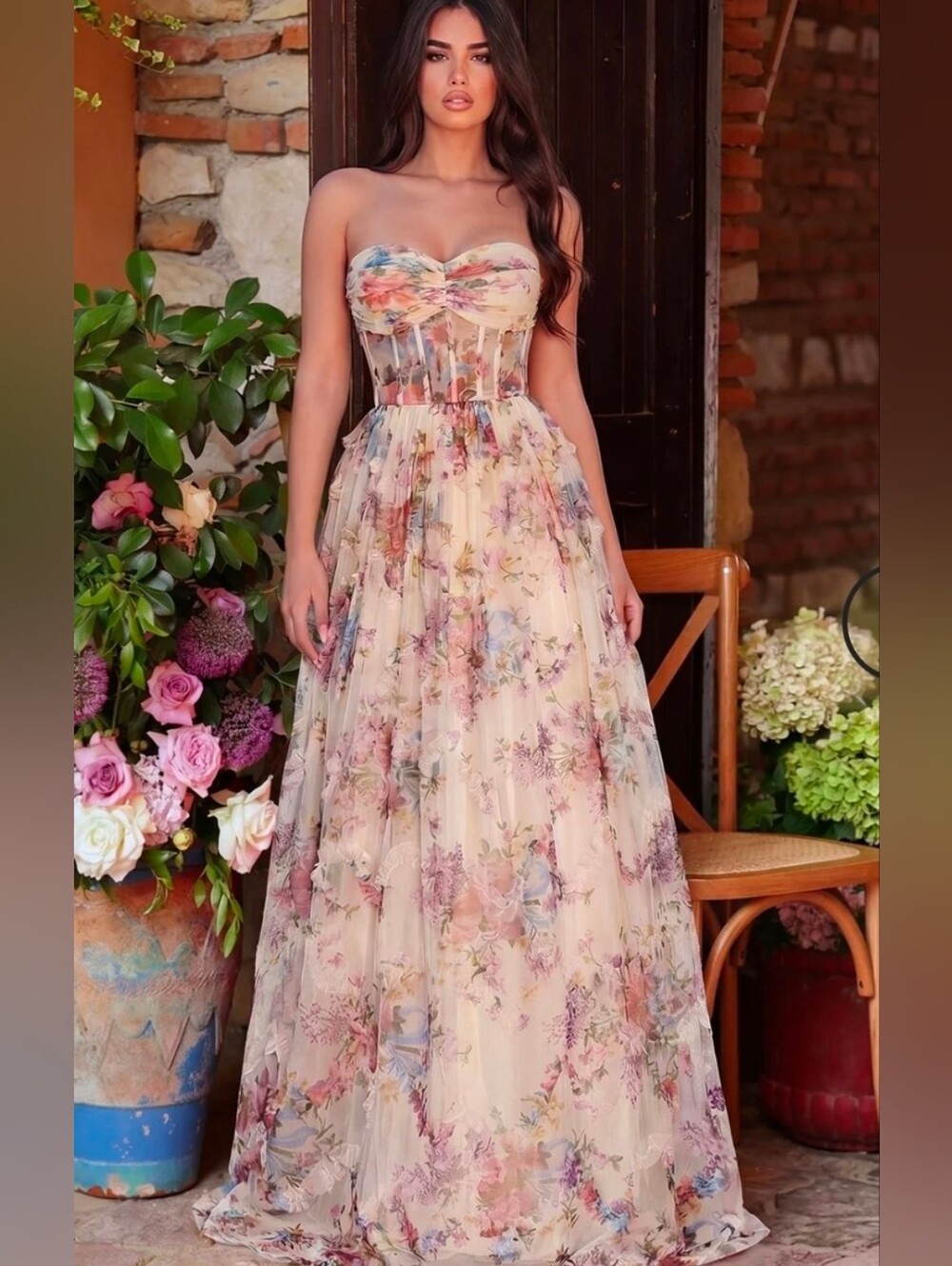 Faeriesty Ruched Bustier Ruffle Trim Hem Floral Printed Tube Dress XL